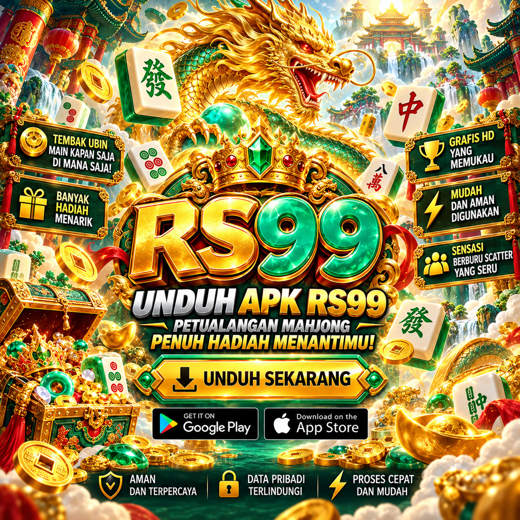 Unduh APK RS99 bertema mahjong dengan naga emas, ubin mahjong, koin, harta, dan nuansa hijau zamrud