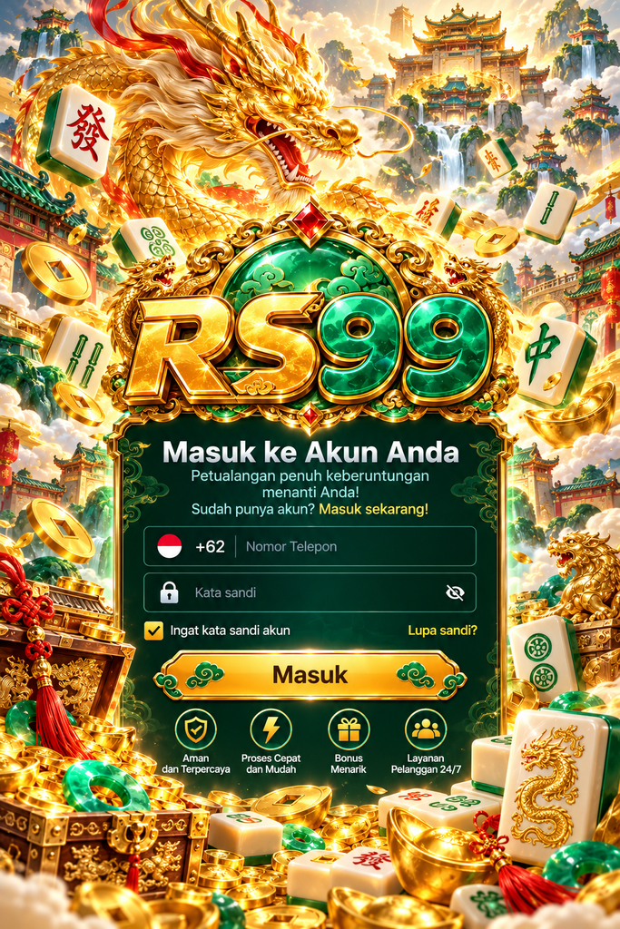 Login RS99 bertema mahjong dengan naga emas, ubin mahjong, koin, pagoda, dan nuansa hijau zamrud