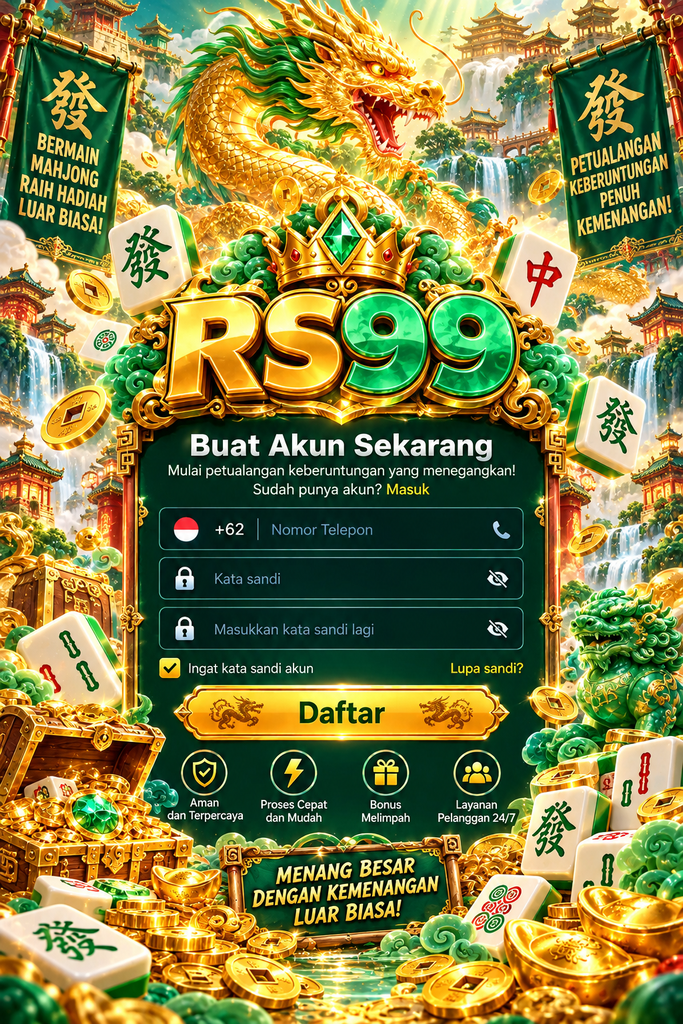 Pendaftaran RS99 bertema mahjong dengan naga emas, ubin mahjong, koin, harta, dan nuansa hijau zamrud